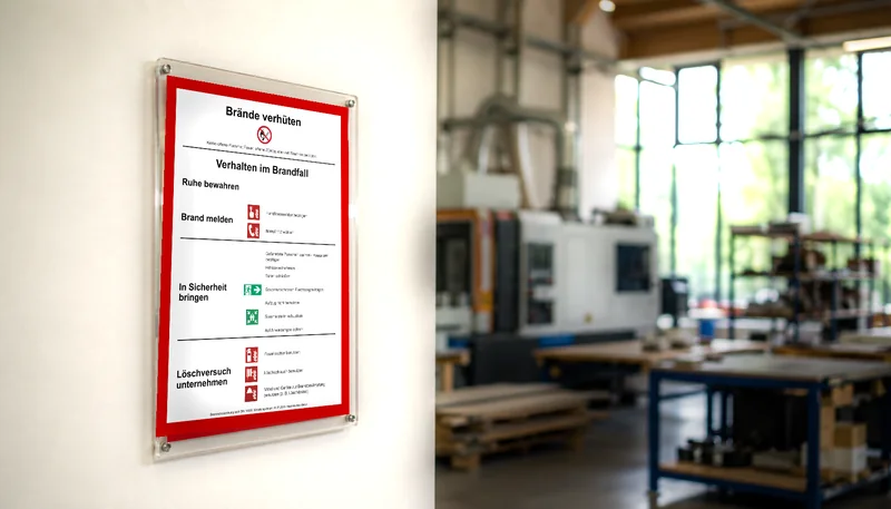 Aushang der Brandschutzordnung Teil A in einem Acrylhalter an der Wand einer Werkstatt
