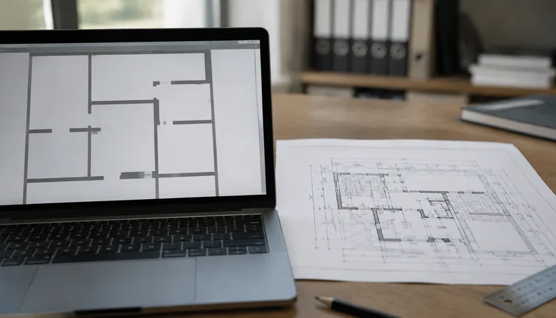 Laptop mit einem groben, aus Rechtecken zusammengesetzten Grundriss, daneben eine präzise technische Bauzeichnung auf Papier