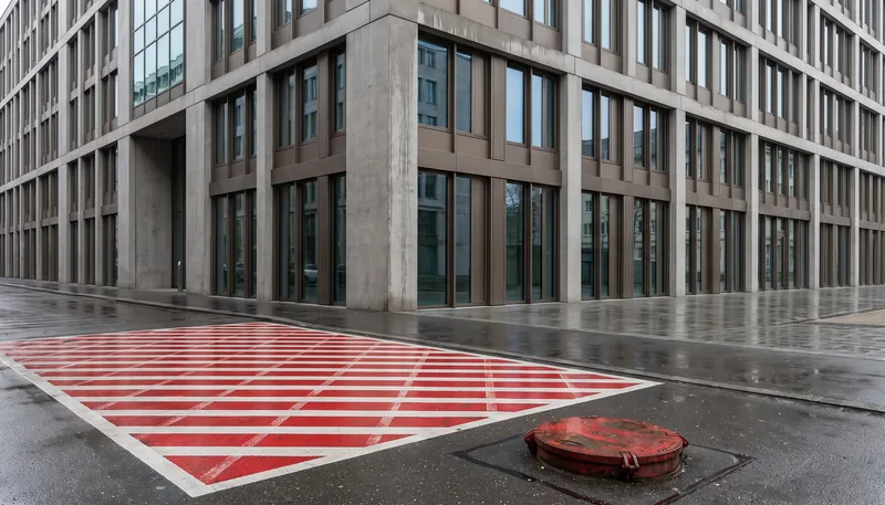 Feuerwehrzufahrt mit rot-weißer Markierung und Hydrantendeckel vor einem Gebäude