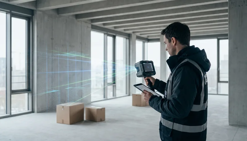 Techniker erfasst einen leeren Gebäuderaum mit einem LIDAR-Scanner