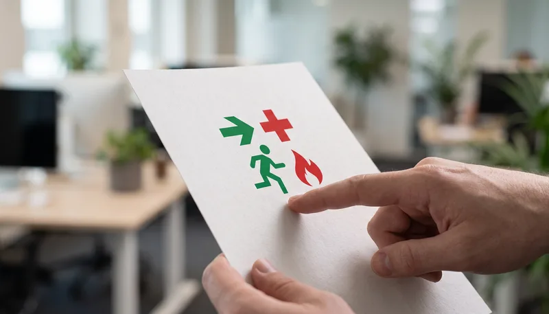 Hand zeigt auf ISO-7010-Piktogramme für Rettungsweg, Erste Hilfe und Brandfall auf einem Plan