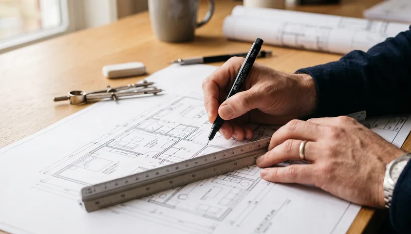 Hände zeichnen mit Lineal und technischem Stift an einem gedruckten CAD-Grundriss