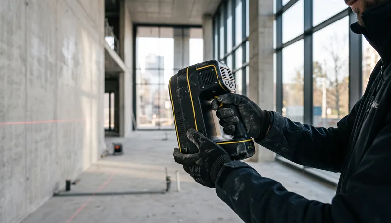 Handgehaltener LIDAR-Scanner beim Aufmaß eines leeren Gebäudeinneren
