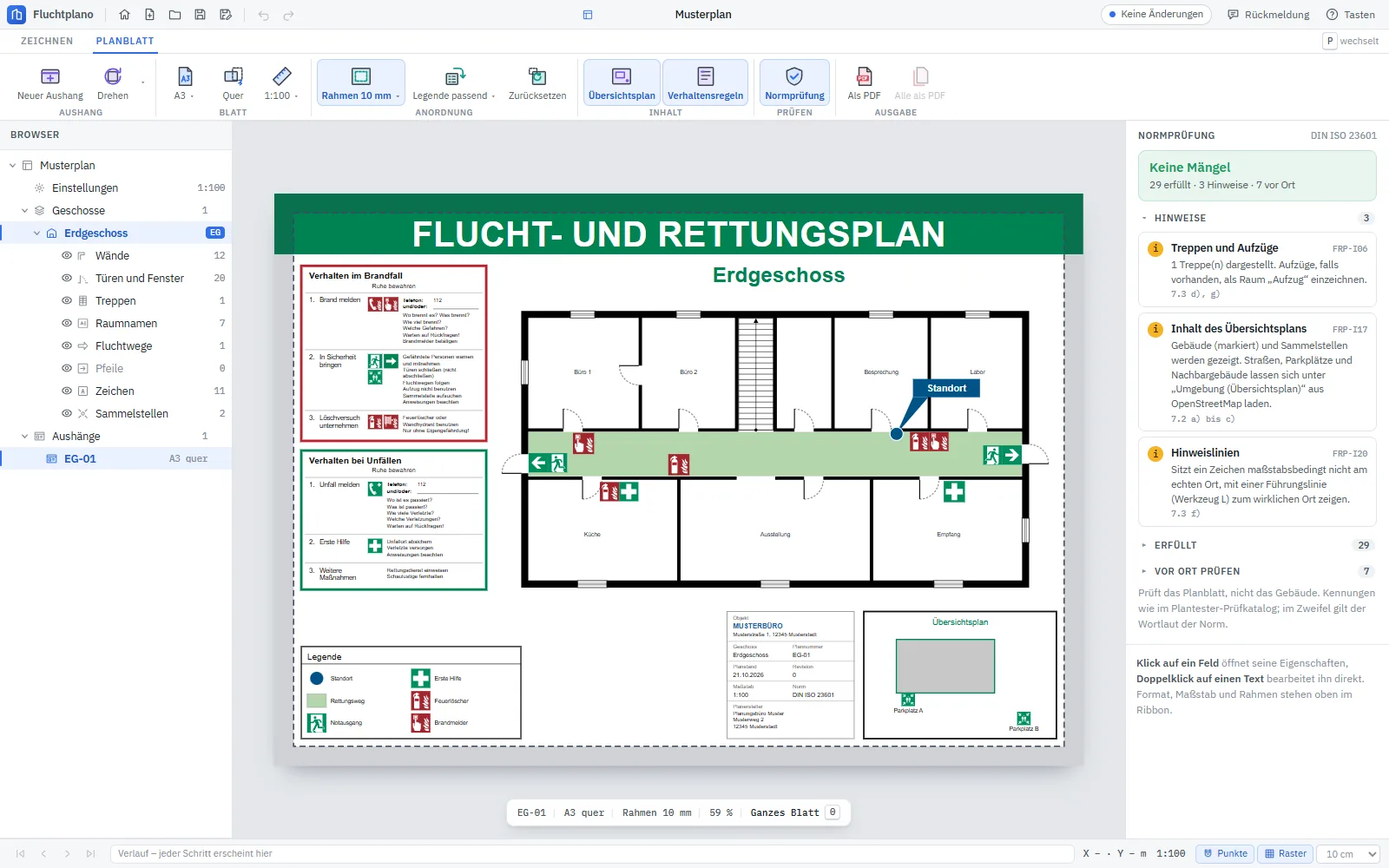 Fluchtplano mit dem Planblatt eines Erdgeschosses: Kopfzeile, Verhaltensregeln, Grundriss mit Fluchtweg und Zeichen, Legende, Schriftfeld und Übersichtsplan. Rechts die Normprüfung mit „Keine Mängel“.
